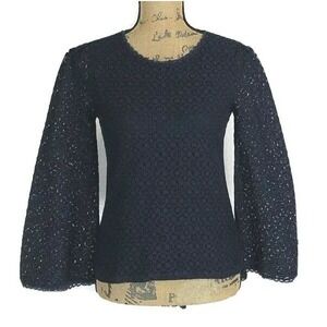 Banana Republic Top XS Navy Blue Lace Scallop Long Flare Sl Back Keyhole Lined